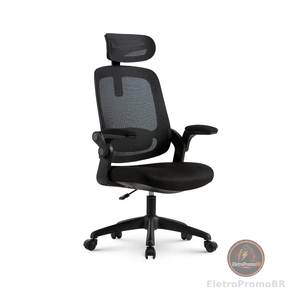 Cadeira de Escritorio Ergonômica Astra Preta com Apoio Lombar e Cabeça, Encosto Ajustável, Mesh Respirável