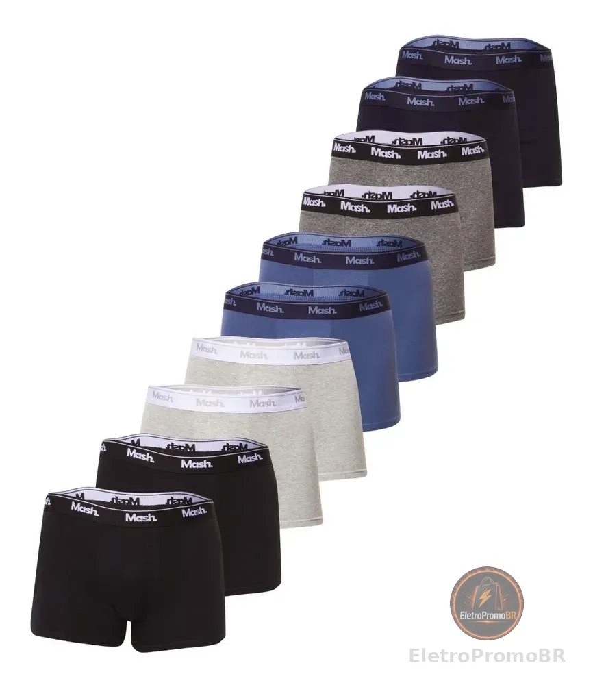 Kit Com 10 Cuecas  Masculina Boxer De Algodão Mash Lisas Azul Marinho/ Azul Jeans/ Cinza Mescla Claro/ Cinza Mescla Escuro/ Preto Liso G