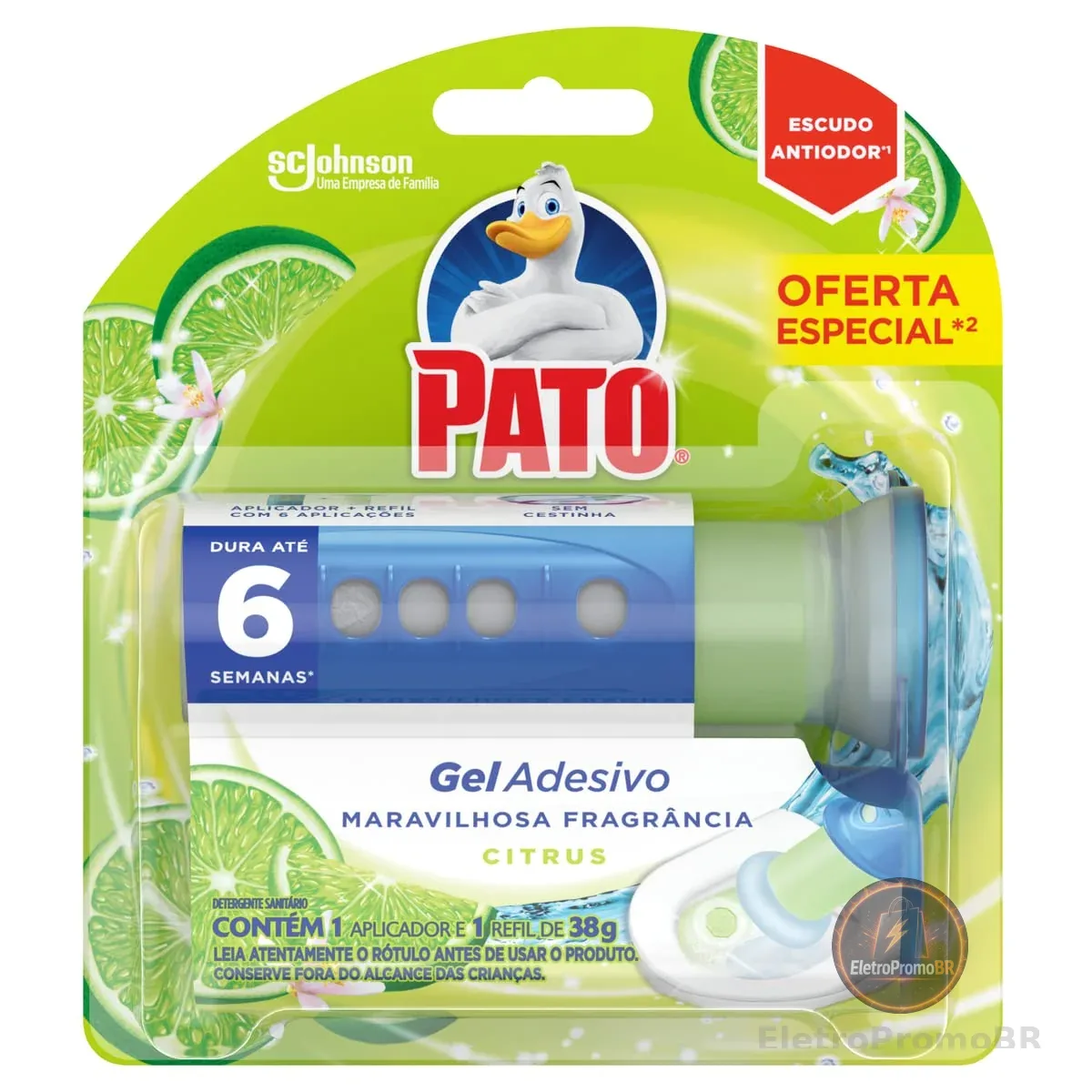 Pato Desodorizador Sanitário Gel Adesivo Citrus, Limpeza Banheiro, Limpo e Perfumado, Com Aplicador, 6 Discos