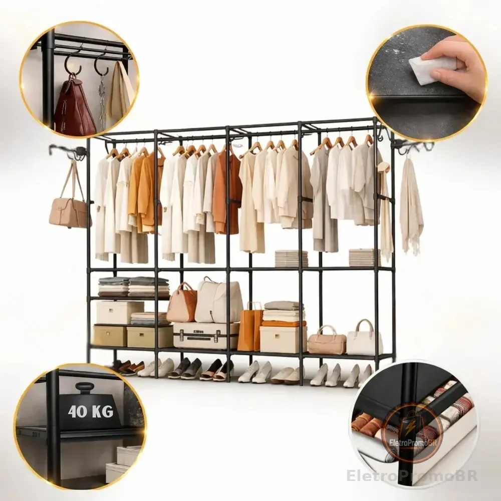 Arara Organizadora 4 Colunas Em Aço Resistente Guarda Roupa Preto