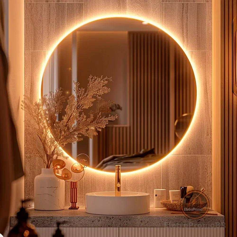 Espelho Redondo 50cm C/ Led Para Parede Quarto Banheiro Sala Moldura Redondo 50cm Led Quente