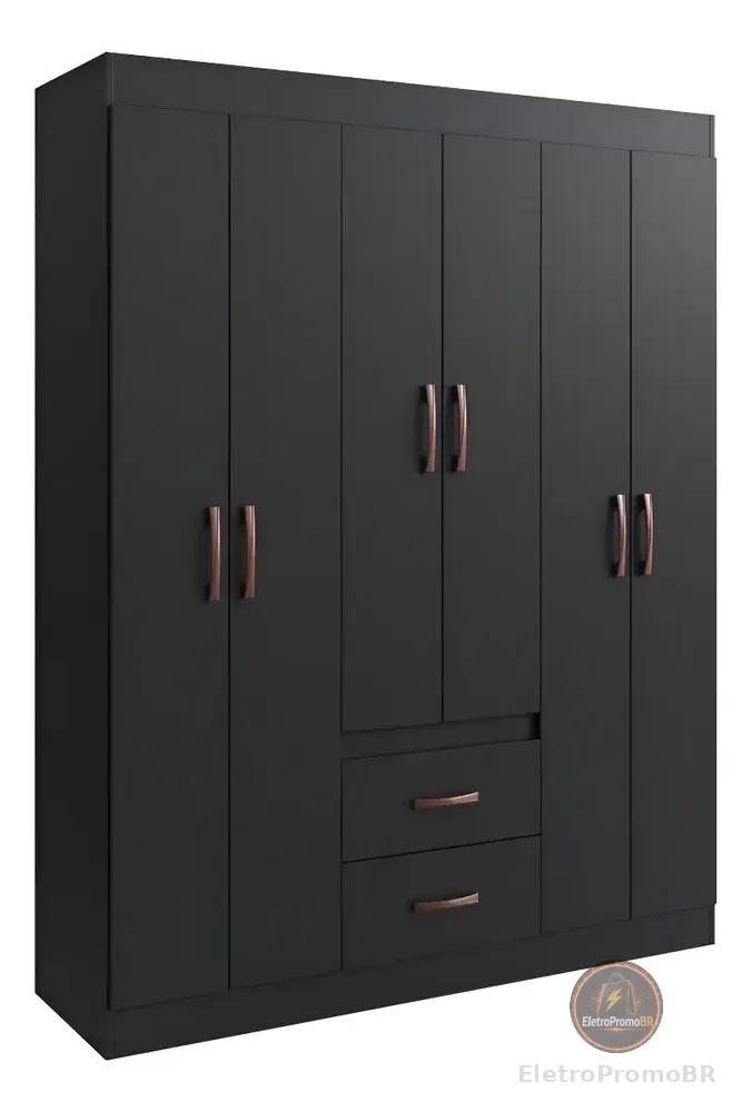 Guarda Roupa Solteiro 6 Portas 2 Gavetas Sidney Doripel Cor Preto