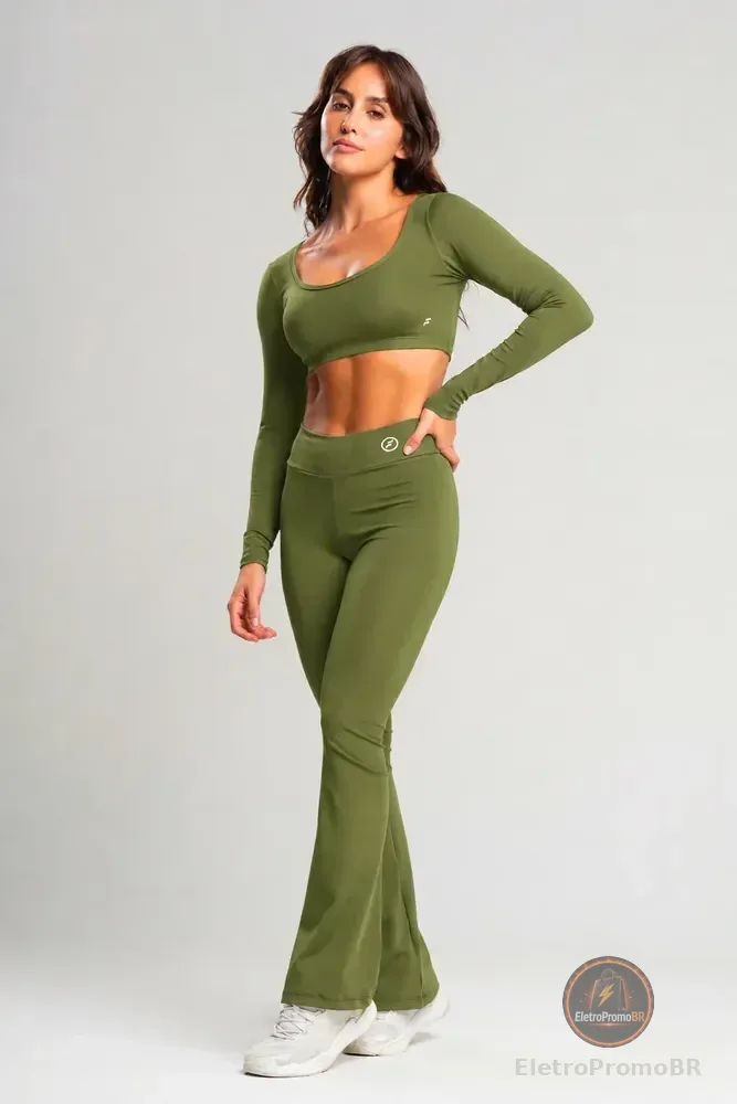 Conjunto Fitness Feminino Calça Flare E Top Manga Longa Verde Militar G