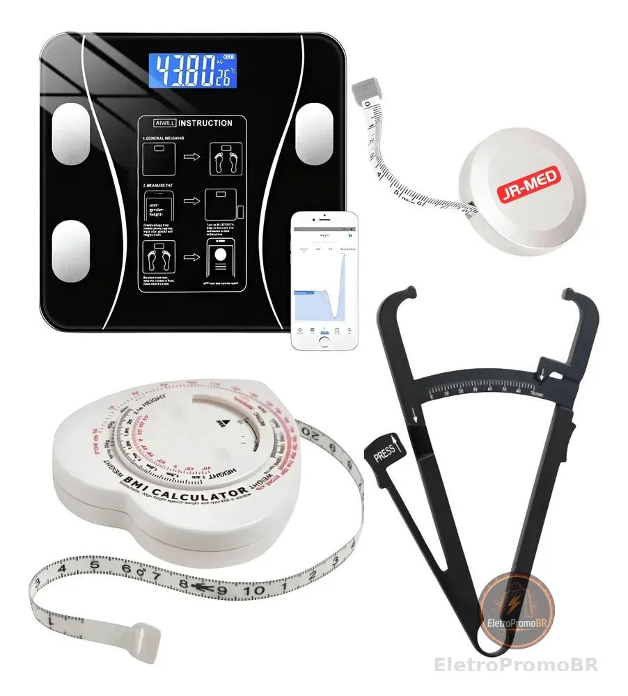 Kit Balança Bioimpedância Trena Antropométrica + Adipômetro Preto