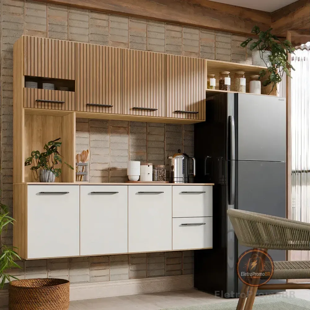 Armário de Cozinha Completa Aéreo 7 Portas e 2 Gavetas Planejada Suspenso Branco Off White Ripado Carvalho Nature Amadeirado Juliana