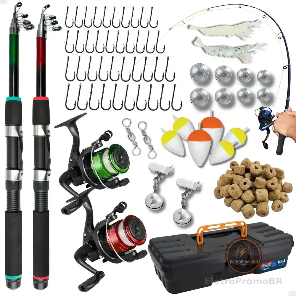 Kit de Pesca Pescamping com 2 Varas Telescópicas e 2 Molinetes, Maleta Completa para Pescaria