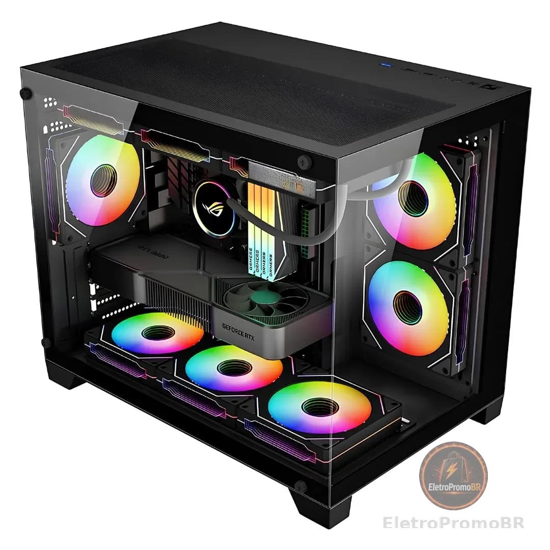 Gabinete Gamer Aquário ATX Lateral Vidro Espaçoso Grande Preto