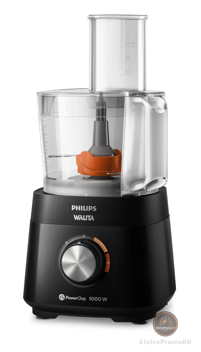 Philips Walita Multiprocessador PowerChop 1000, Preto, Copo com capacidade de 1,5 litros, Duas velocidades + pulsar, 6 acessórios, 1000W, 110V (HR7304/93)
