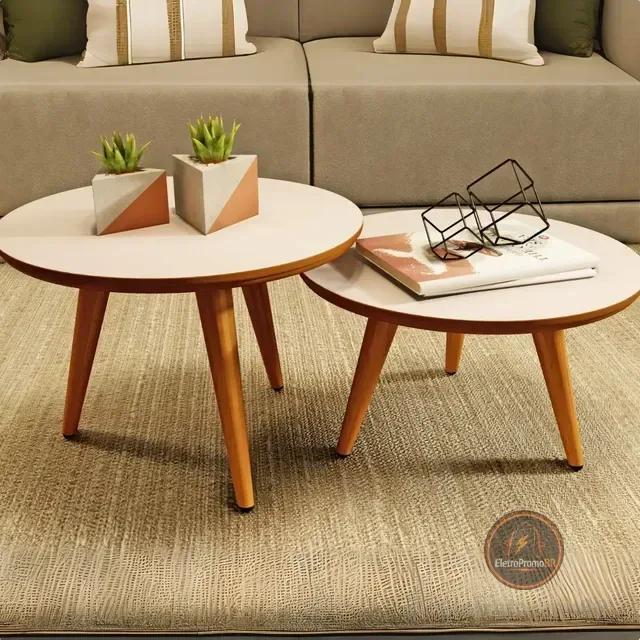 Conjunto Mesa De Centro Para Sala Lateral Redonda Pés Palito