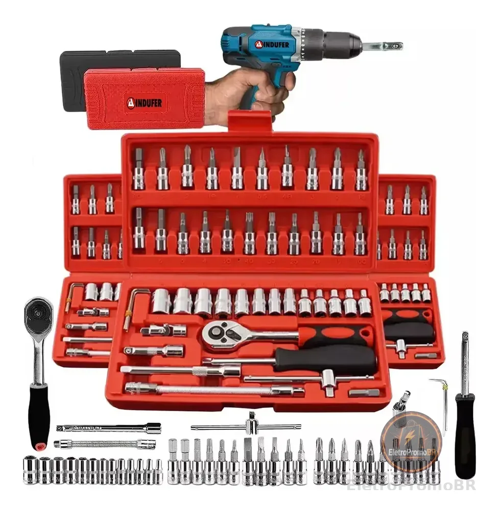 Kit Chave Catraca Soquete 46 Peças Indufer em Cromo Vanádio, para Manutenção de Carros e Motos