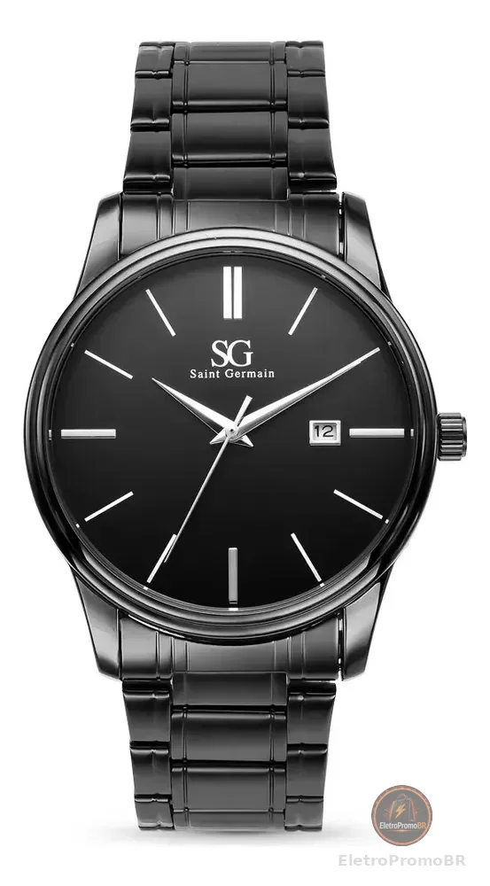 Relógio Chroma Masculino Preto Saint Germain Clássico Caixa Preta Detalhes Prata 42mm