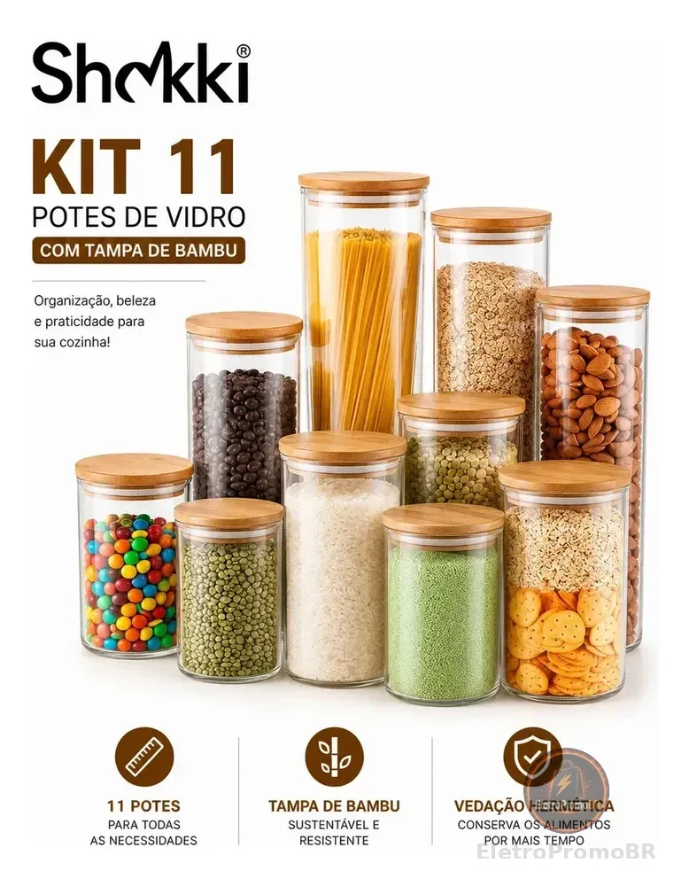 Kit 11 Potes De Vidro Herméticos Com Tampa De Bambu Organizador Para Mantimentos Grãos Café Cereais Massas Shokki