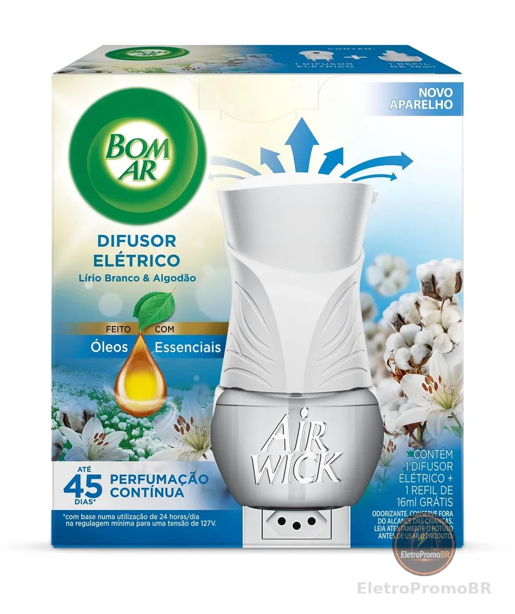 Difusor Elétrico Bom Ar Lirio Branco e Algodão Aparelho + Refil 16ml