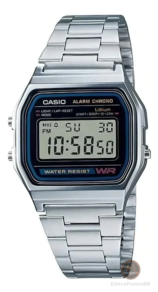 Relógio Unissex Casio Digital Esportivo A158wa-1df Prata Retrô Vintage Pulseira em Aço Inoxidável