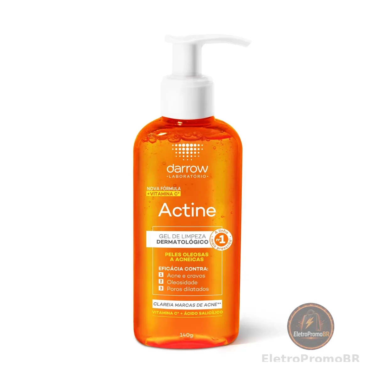 Darrow Actine Gel de Limpeza Dermatológico Facial com Ácido Salicílico, Vitamina C e Lactato de Mentila, Redução de 86% da Acne e -90% Oleosidade Imediatamente, 140g