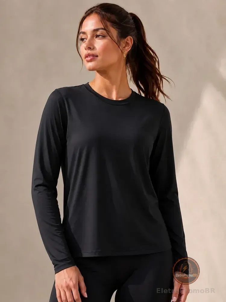 Blusas Camisa Feminina Proteção Uv Academia Treino Caminhada Preto Eg1