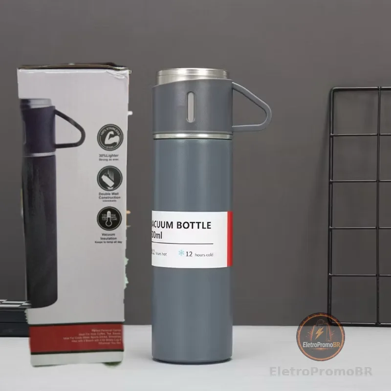 caneca Kit Garrafa Térmica Vacuum Bottle Inox 500ml 1 OU 3 Xícaras Bebidas Fria ou Quente