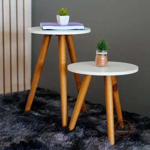 Conjunto de Mesinhas Canto E Apoio Pe Palito Madeira Tripé Porta Quadros E Objetos
