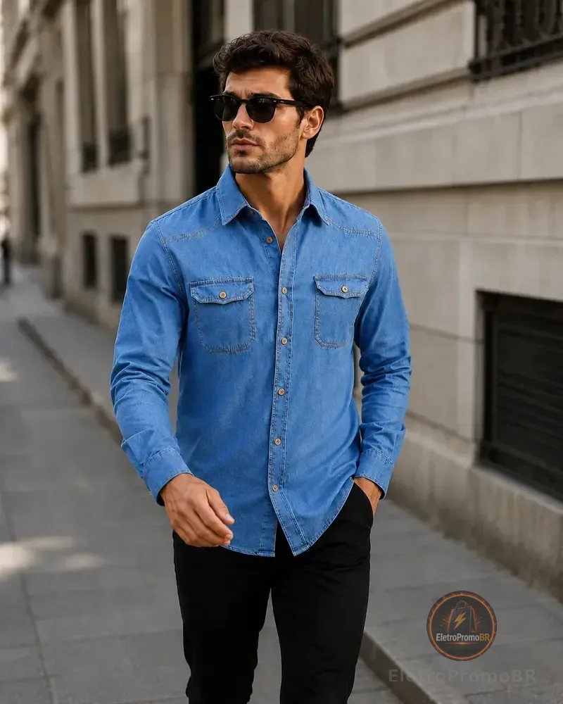 Camisa Jeans Masculina Social Slim Manga Longa Jeans Medio P