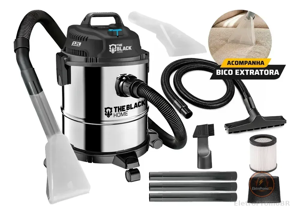 Aspirador De Pó E Água Inox Turbo 12 Litros 1200w Com Soprador E Bico Extratora Multiuso Tbac120 The Black Tools
