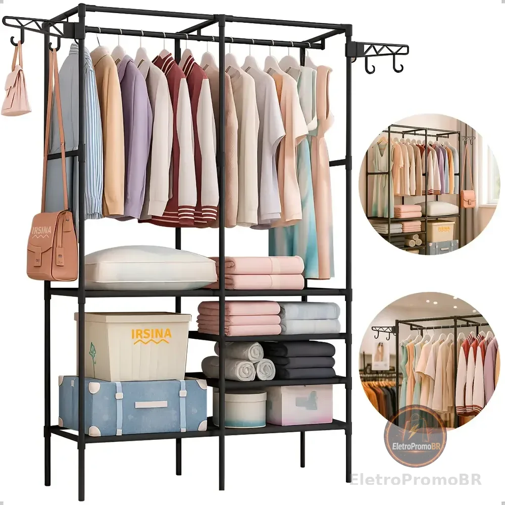 Closet Aberto IRSINA 2 Divisórias Preto com 6 Prateleiras Aço Inox