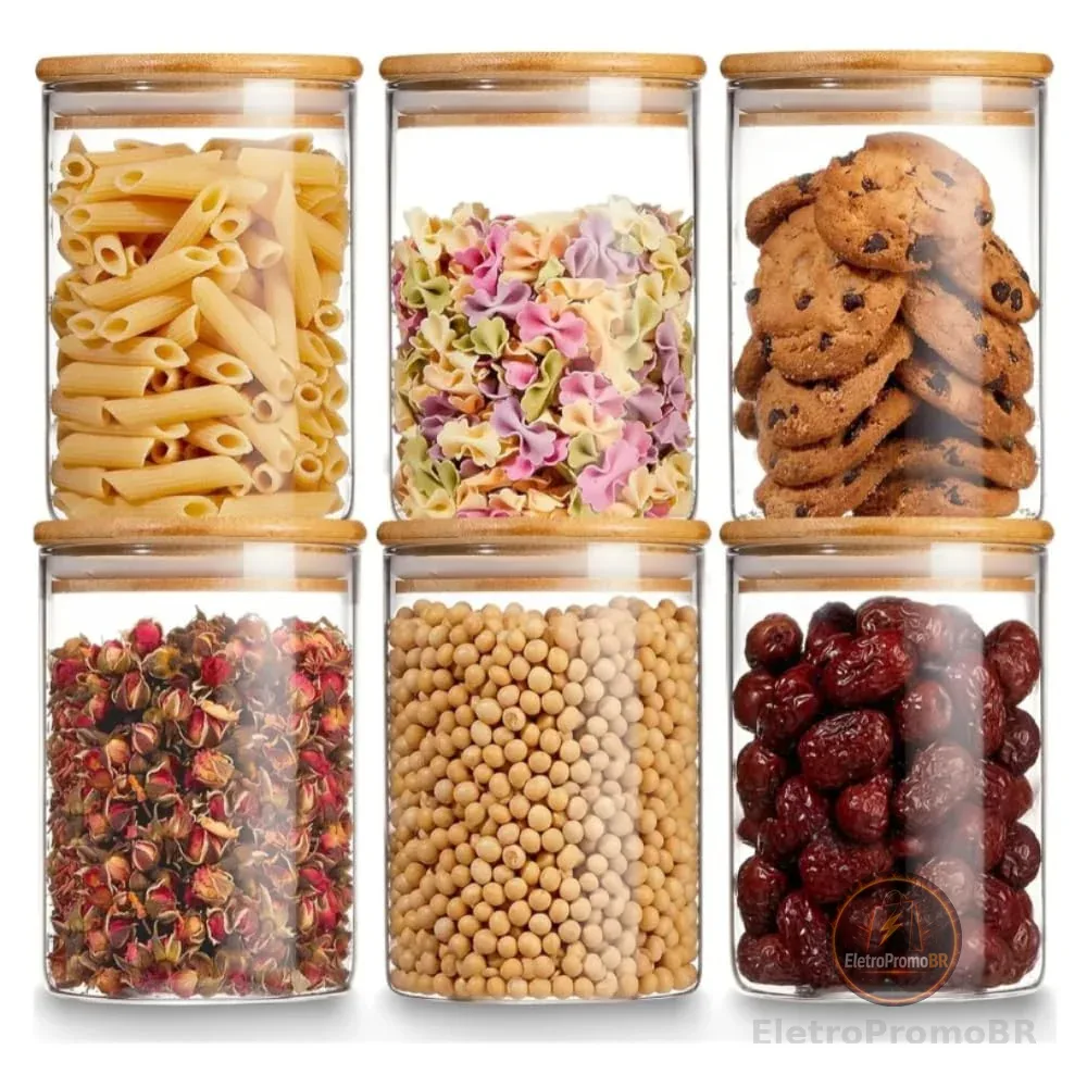 Kit 06 Potes de Mantimentos Herméticos 300ml Pote Redondo Vidro Tampa De Bambu - Ideal Para Temperos Grãos Café Açucar Snacks Condimentos | Organização Elegantes Frescos Praticos Modernos