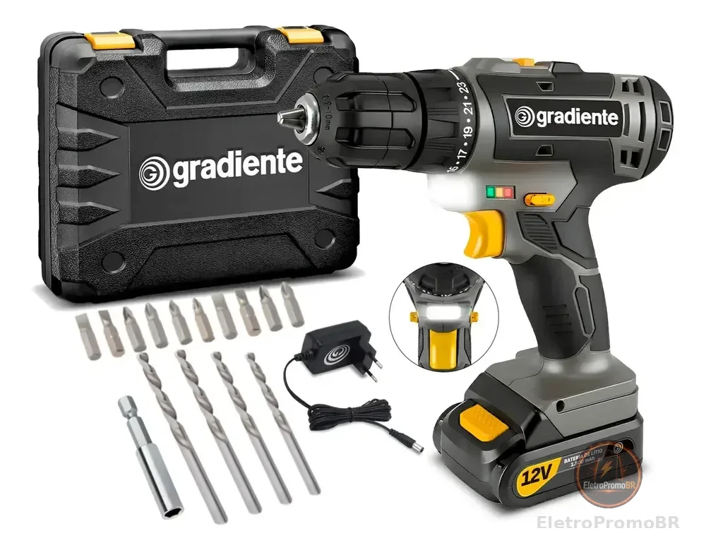 Furadeira Parafusadeira Sem Fio A Bateria Gpb12vd 12v 3/8 10mm Com Maleta E Acessórios Gradiente