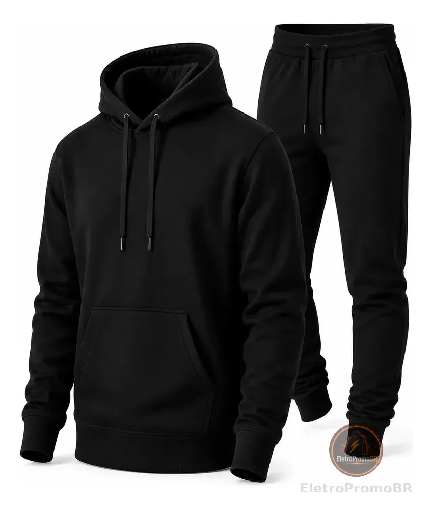 Conjunto Calça E Blusa De Moletom Liso Masculino Unissex Gg Preto