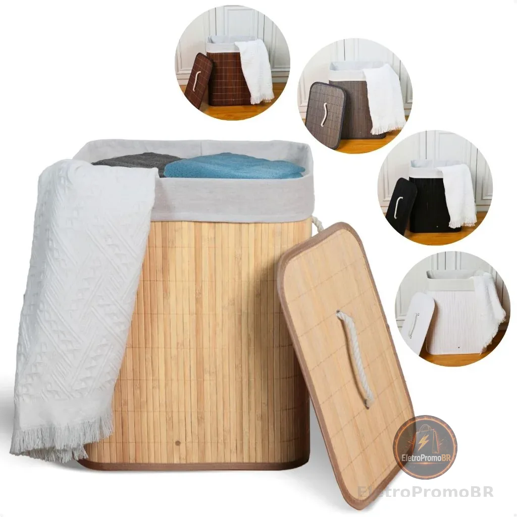 Cesto de Roupa Suja Bambu Com Tampa e Alças 50 Litros Grande Organizador Multiuso
