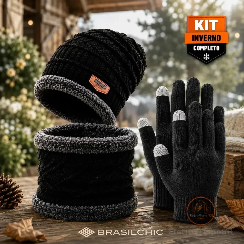 Kit Inverno Touca Gorro Forrado Gola Cachecol Térmica + Luva Touch Celular Unissex Frio Intenso Moto Viagem Caminhada Proteção Contra Vento Peluciado Quente Brasil Chic