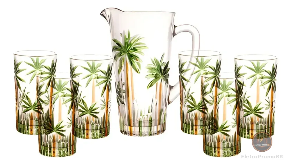 Conjunto Jarra Com 6 Copos Cristal Palm Tree Handpaint Wolff