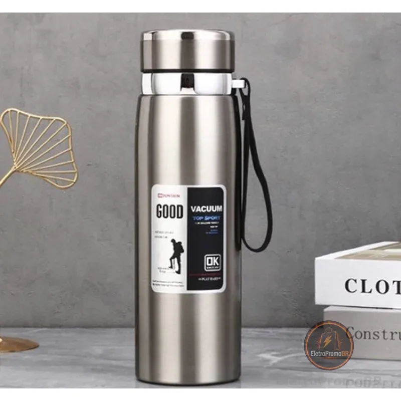 Garrafa 1000ml Aço Inoxidável Térmico Com Infusão De Capuz Prateado Effeclog Caphé Alça