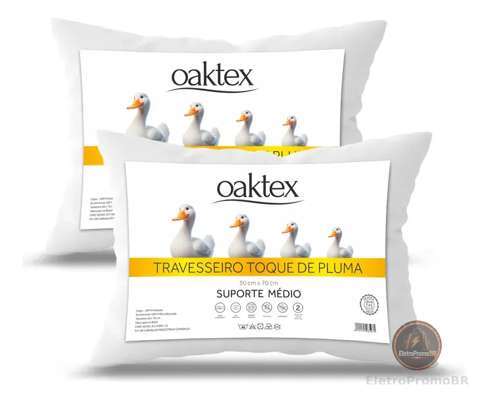 Kit 2 Travesseiros 70x50 Antialérgico Lavável Fibra Siliconada Toque de Pluma de Ganso Oaktex Cor Branco