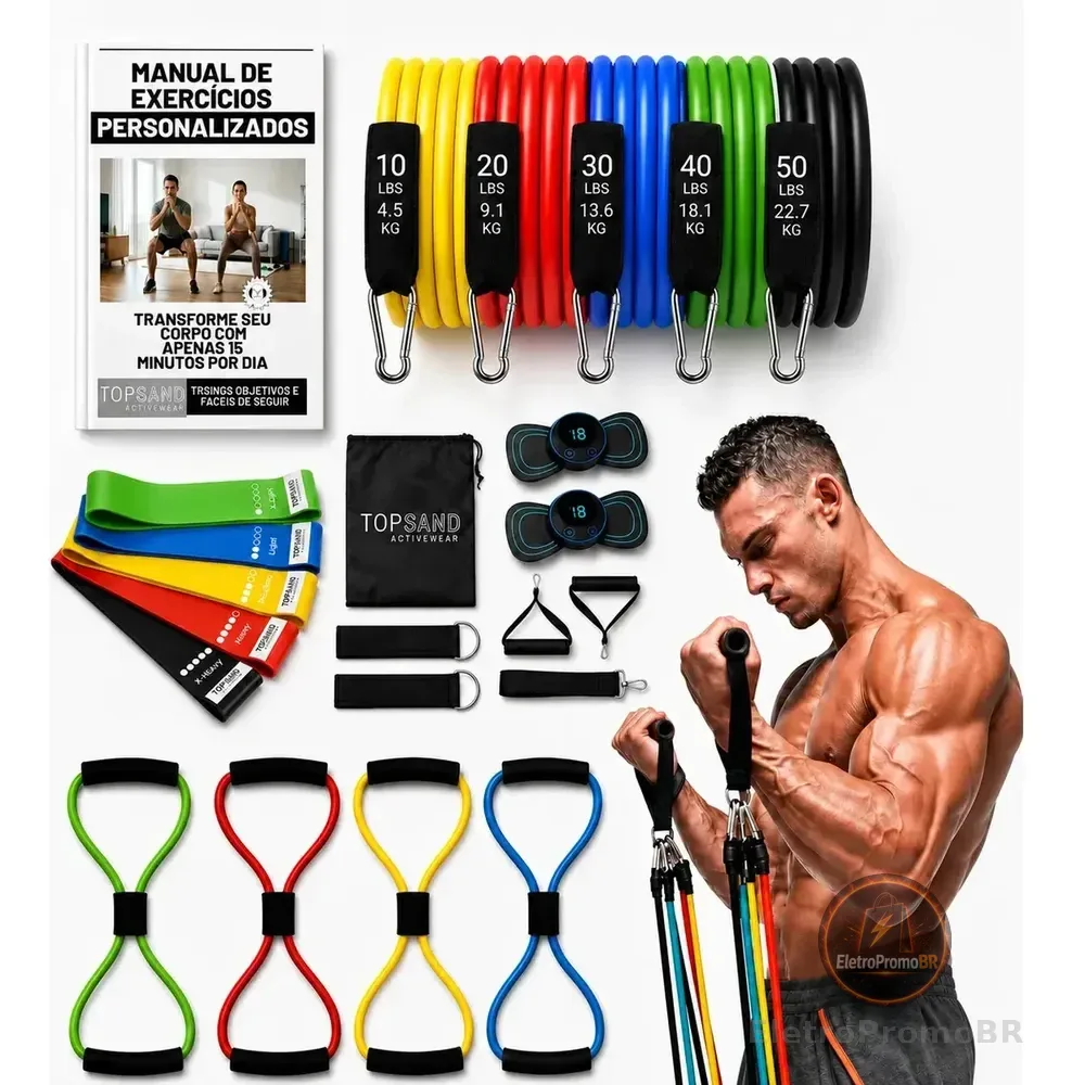 Kit 20 Itens Esportivos Para Treino Em Casa Academia Fitness Funcional Com Elásticos Extensor Puxadores Massageador Faixas Elásticas Mini Band P/ Exercícios Ginástica Fisioterapia Topsand Activewear