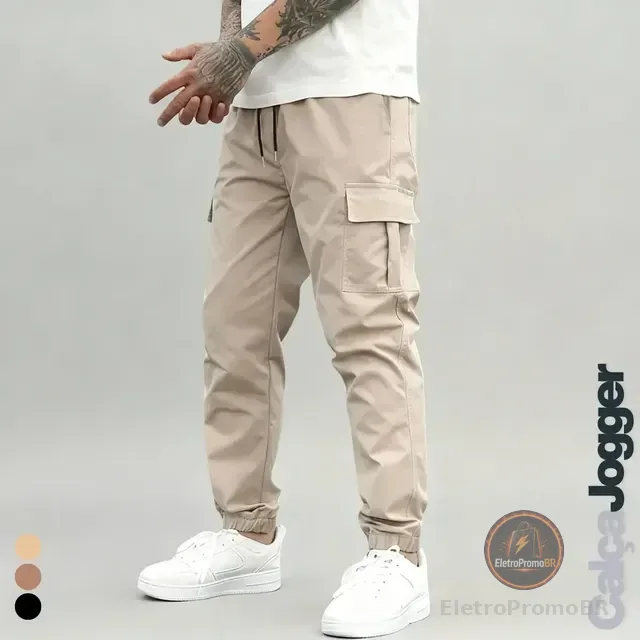 Calça Jogger Cargo Masculina Sarja Calca Streetwear Punho