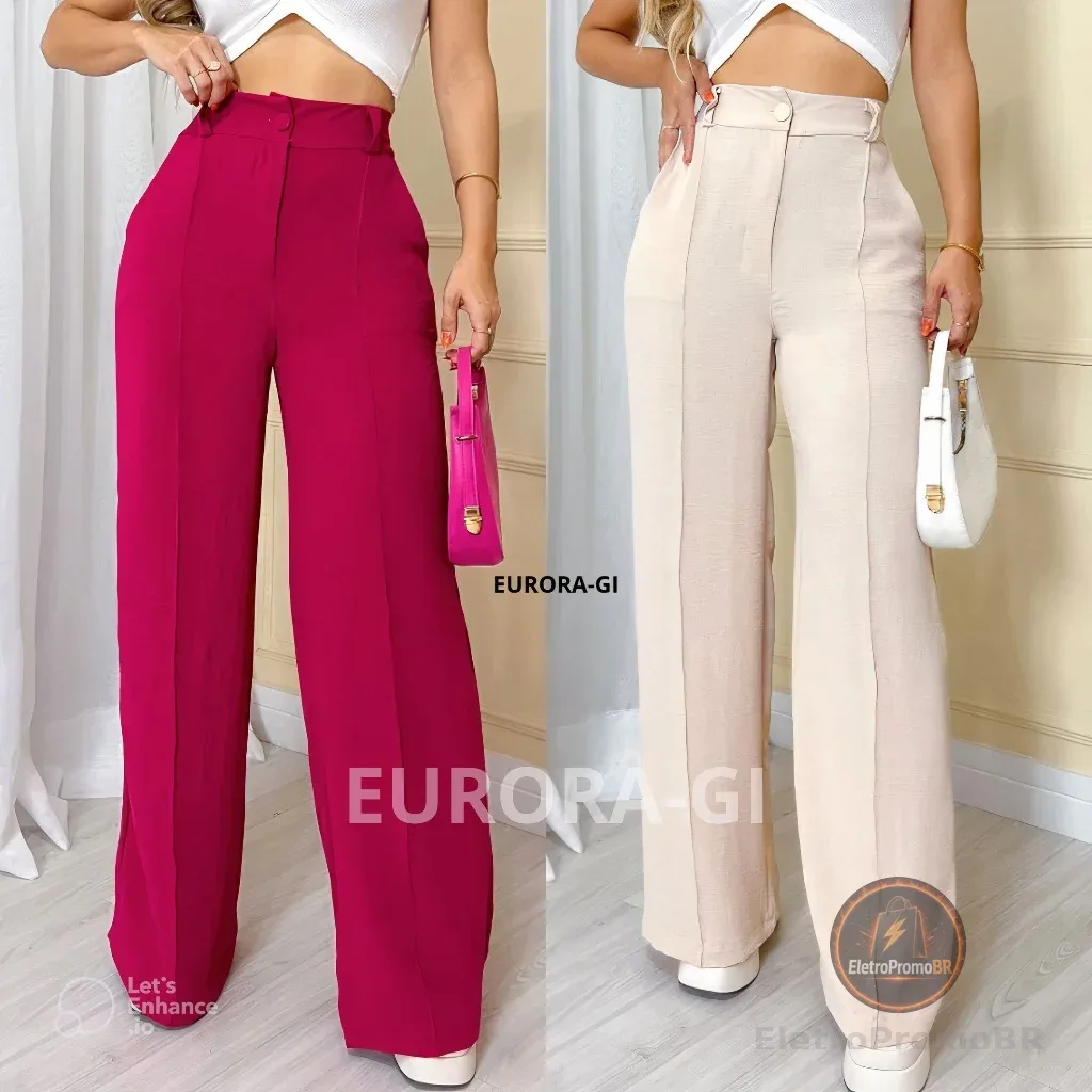 Calça Pantalona Feminina Com Botão e Elástico Na Cintura Tecido Duna Premium