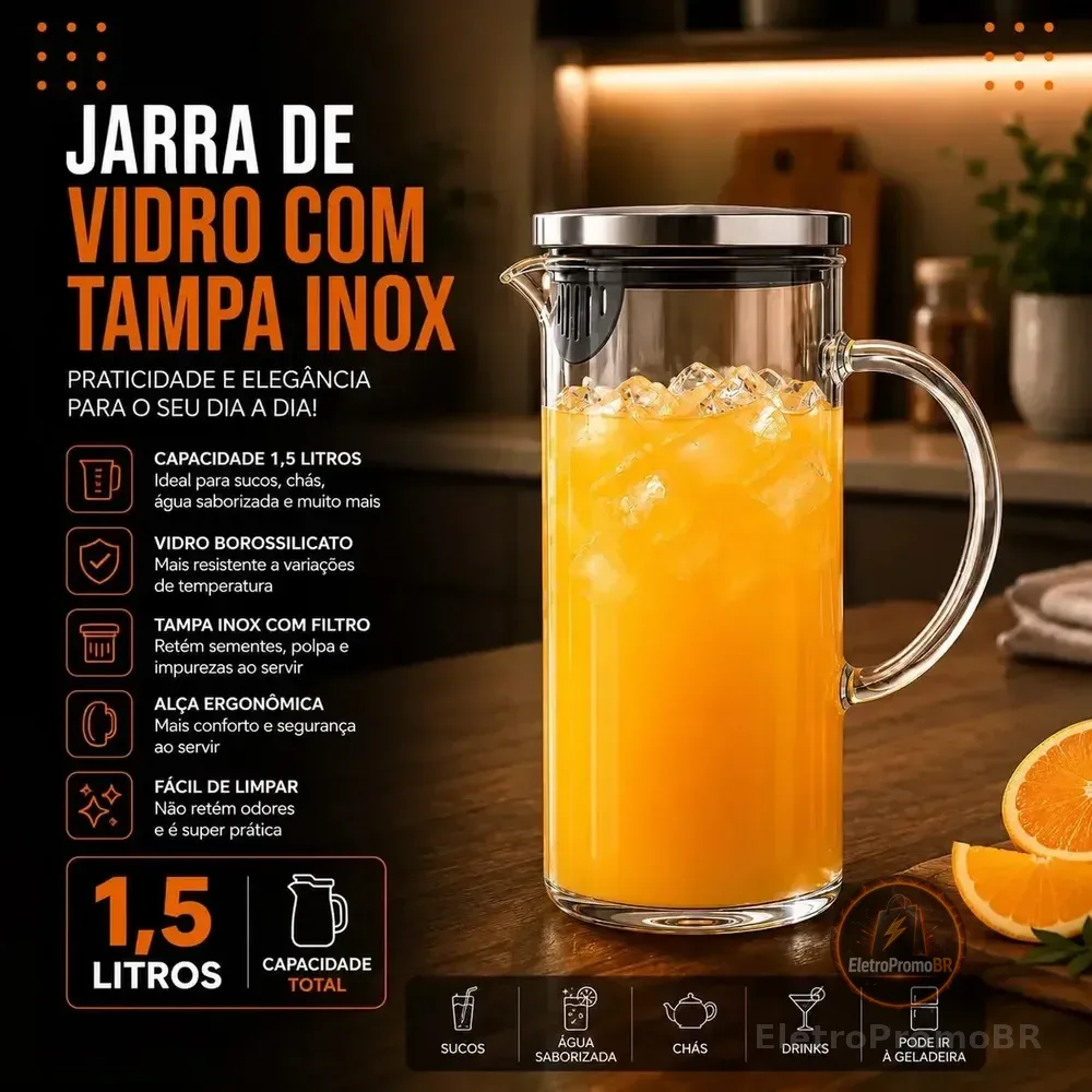 Jarra de Vidro Borossilicato 1,5 Litros Tampa Inox Hermética Transparente para Água, Suco, Chá e Bebidas Quentes e Geladas