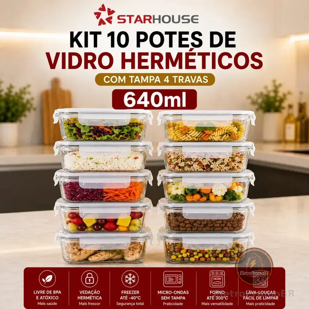 Kit 10 Potes Herméticos Vidro 640ml Starhouse Marmita Forno Micro-ondas Airfryer com 4 travas de super vedação