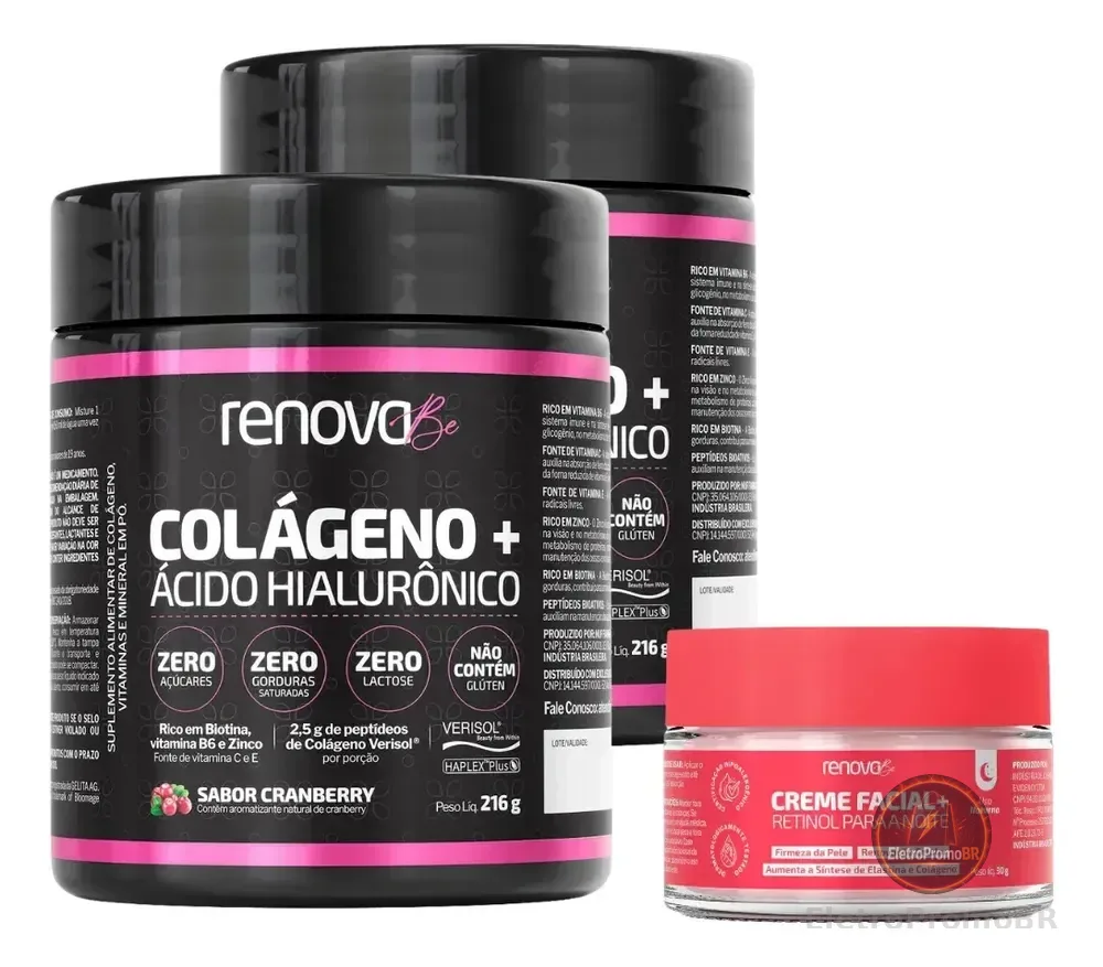 Kit 2x Colágeno + Ácido Hialurônico Verisol Renova Be Colágeno Hidrolisado Zero Lactose Vitaminas E, C, B6 Biotina e Zinco + Creme