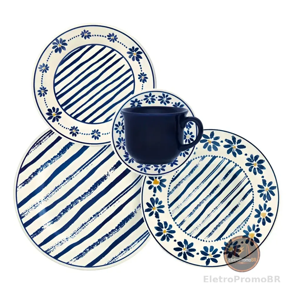 Jogo De Jantar 20 Peças Biona Cerâmica Donna Margaridas Branco Azul E Amarelo