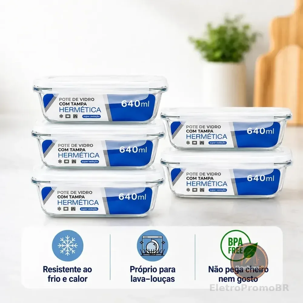 Kit 5 Potes Vidro Hermético 640ml Marmita Forno Micro-ondas Transparente