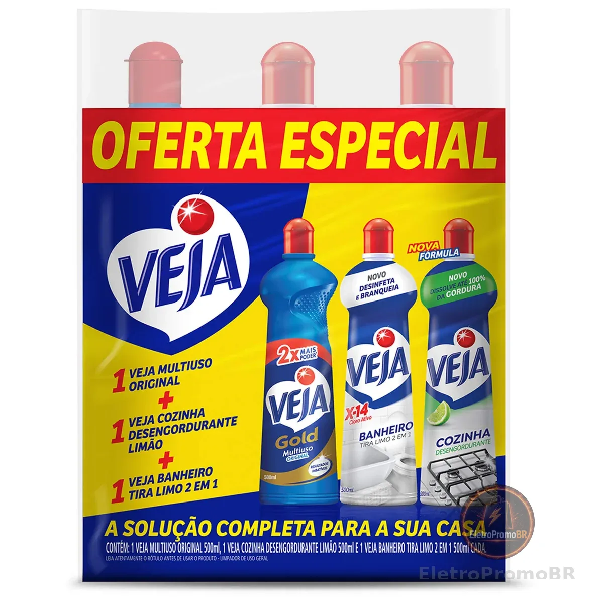 Kit Veja - 1 Limpadores Multiuso Original 500ml + 1 Limpador Cozinha Desengordurante Limão 500ml + 1 Limpador Banheiro Tira Limo 500m