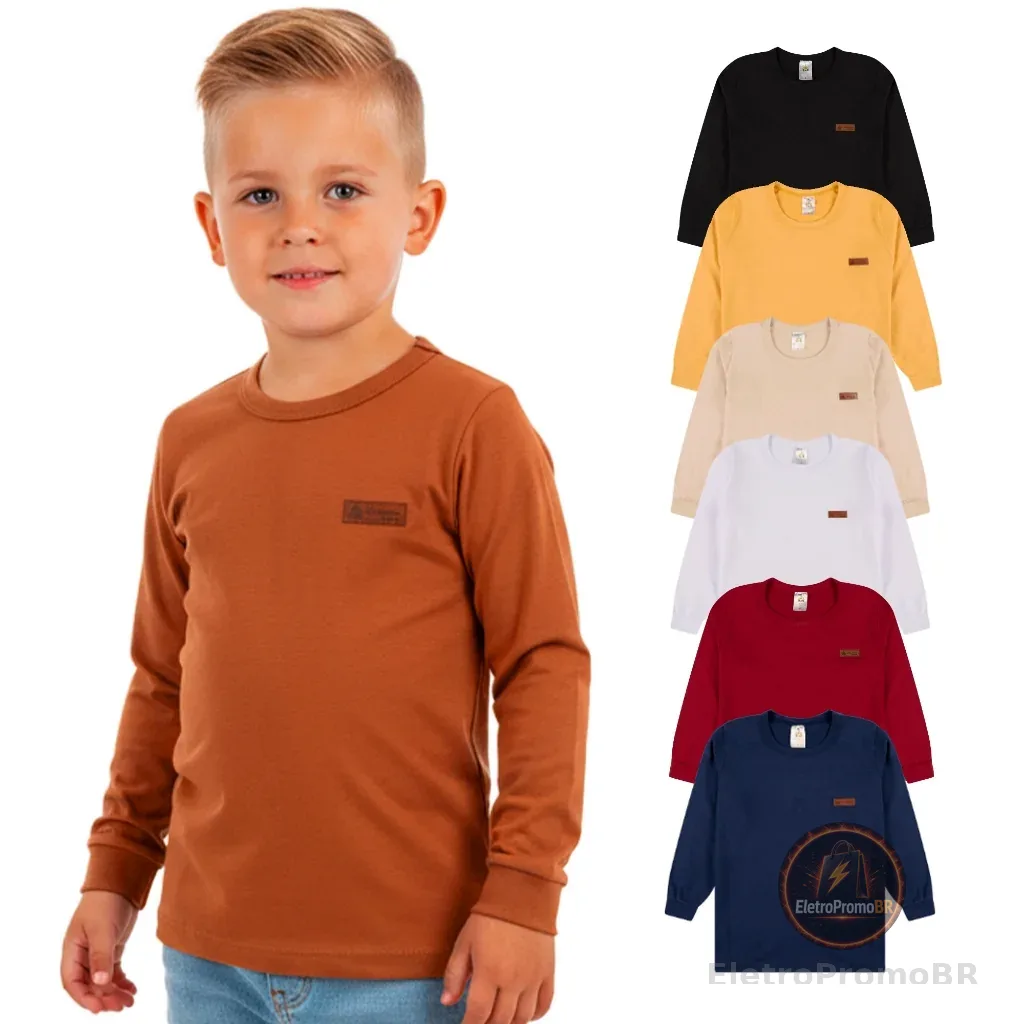 Kit 3 ou 5 Camisetas Manga Longa Infantil Menino Básica Lisa Manga Comprida Infantil