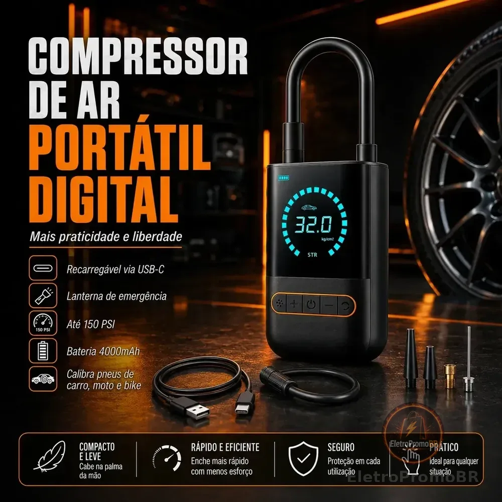 Compressor Calibrador De Pneus Calibrador B&G Portátil Mini Digital Carro Bike Sem Fio Cor Preto