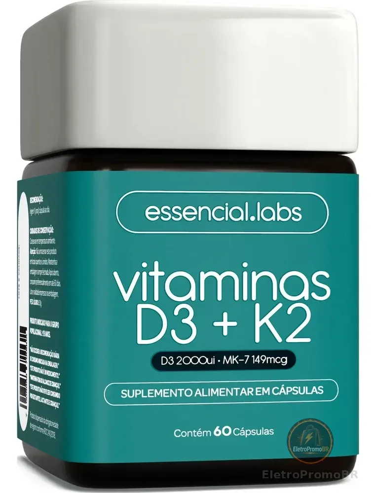 VITAMINA D3 + K2 Menaquinona-7 - Fórmula com Máxima Concentração e Biodisponibilidade - 60 Cápsulas