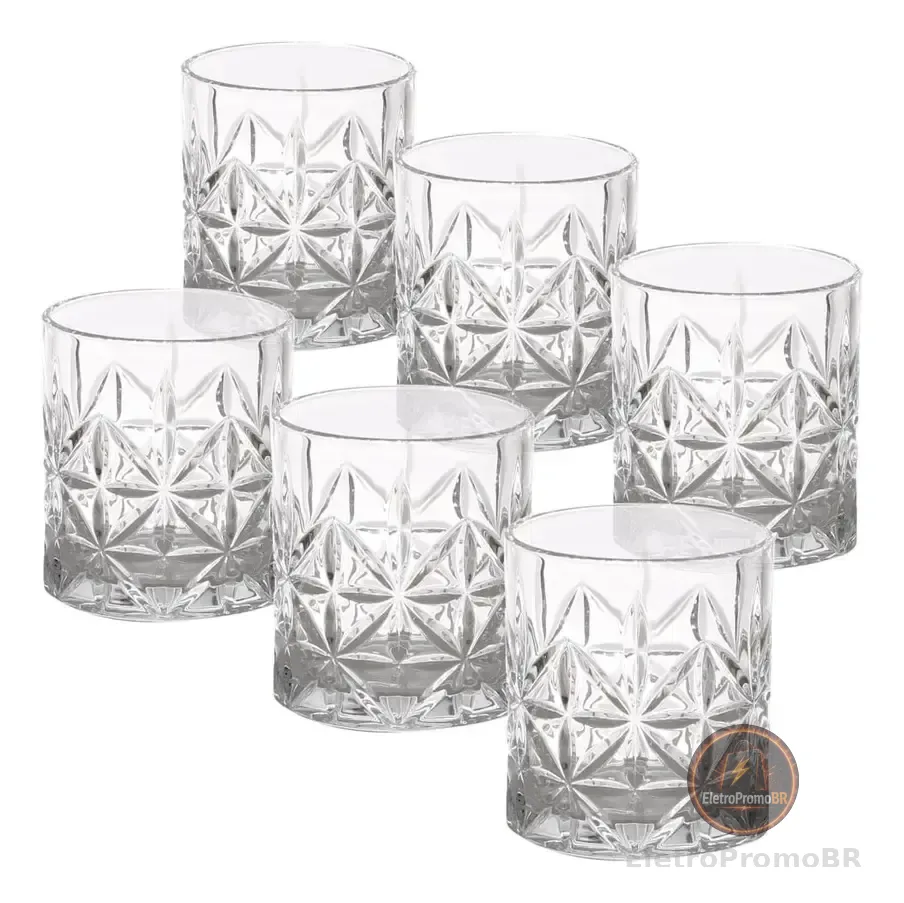 Jogo 6 Copos Baixos De Vidro Lapidado - Whisky, Água, Drinks Transparente