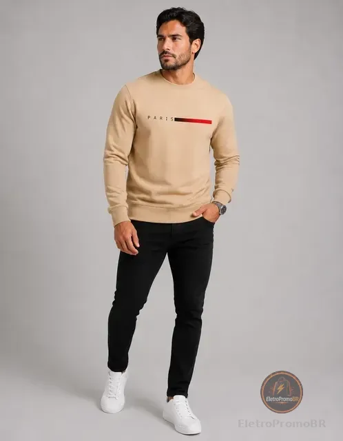 Moletom Masculino Gola Careca Flanelado Paris Suéter Frio