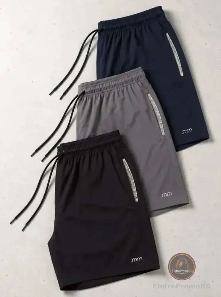 Kit 3 Bermuda Masculina Tactel Com Elastano Academia Treino Preto-marinho-cinza Gg