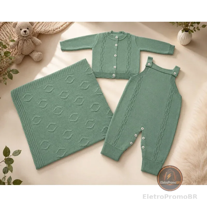 Kit Conjunto de Saída de Maternidade Jardineira  Romper Casaquinho  Manta Luxo 3 Pecas Enxoval Tricô