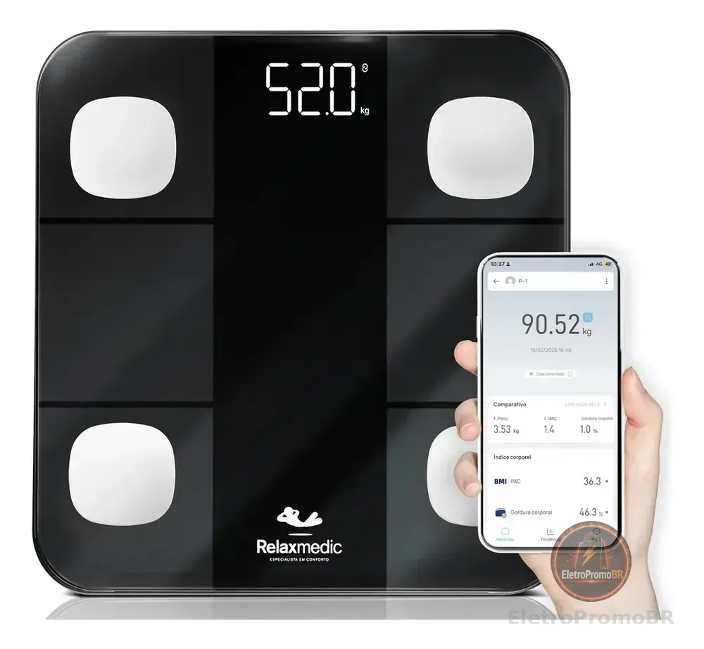 Balança Digital Corporal Bioimpedância Aplicativo Bluetooth Relaxmedic